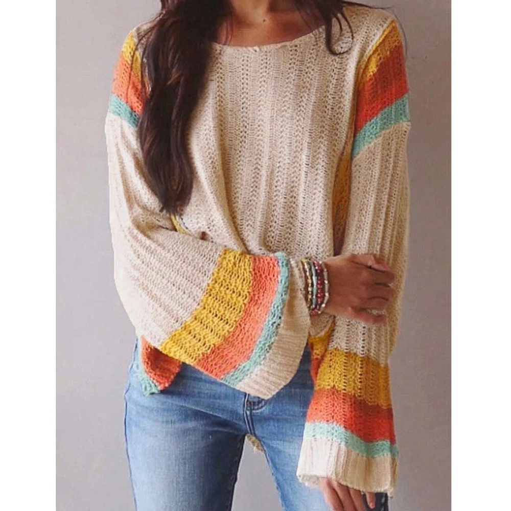 03 Cozy Color Block Loose Fit Sweater Top - Picture 1 of 8